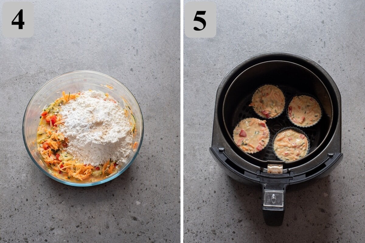 Add flour, baking powder, salt, and garlic powder, mix gently, then fill silicone muffin cups about ยพ full.