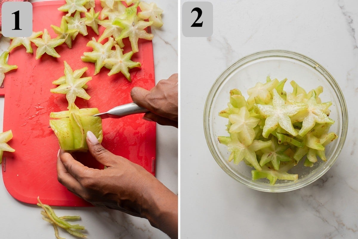 Wash and thinly slice star fruit, remove seeds, then toss with lemon juice and optional sugar or honey.