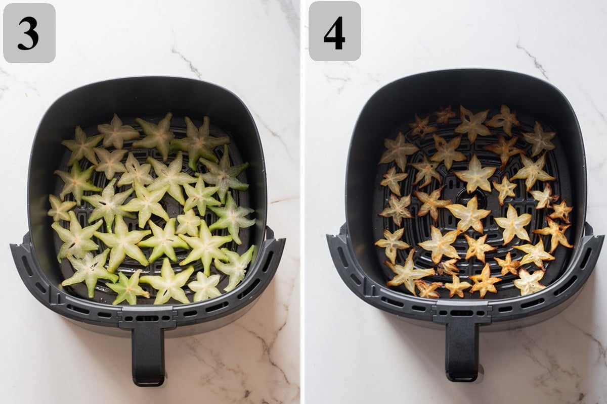 Preheat to 300ยฐF (150ยฐC), air fry slices in a single layer for 15โ20 minutes, flipping halfway, until dried and lightly crisp.