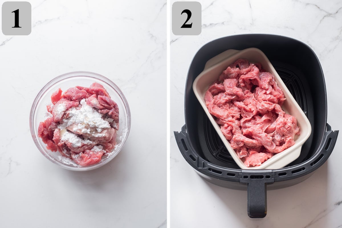 Coat beef with cornstarch and oil, then air fry at 400°F (205°C) for 7–8 minutes, shaking halfway, until crisp.
