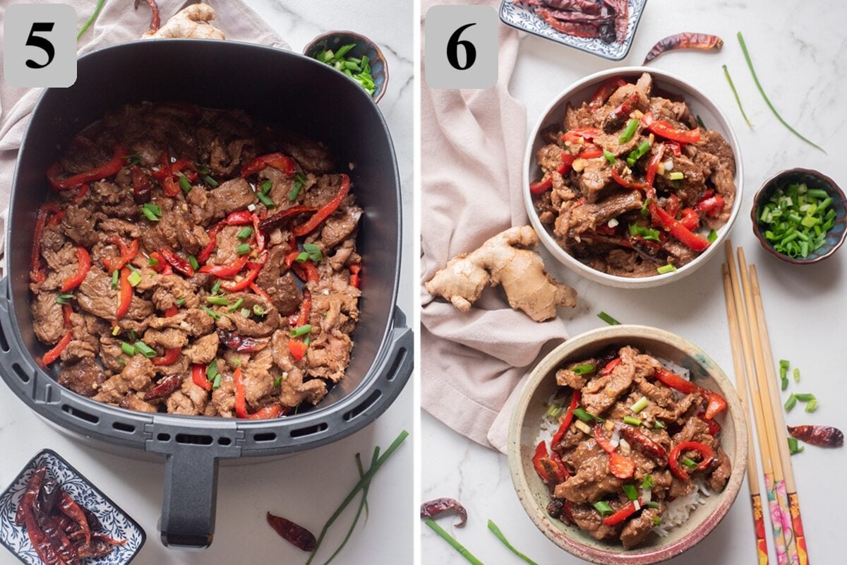 Add sauce to the beef and peppers, toss, air fry 2–3 minutes until glossy, then serve hot over rice or noodles.