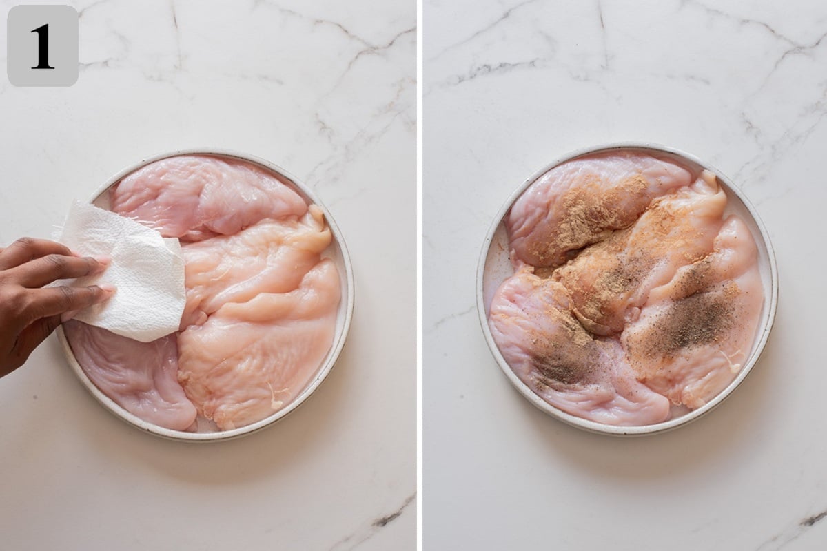 Pat the chicken dry. Season both sides with salt, pepper, and garlic powder.