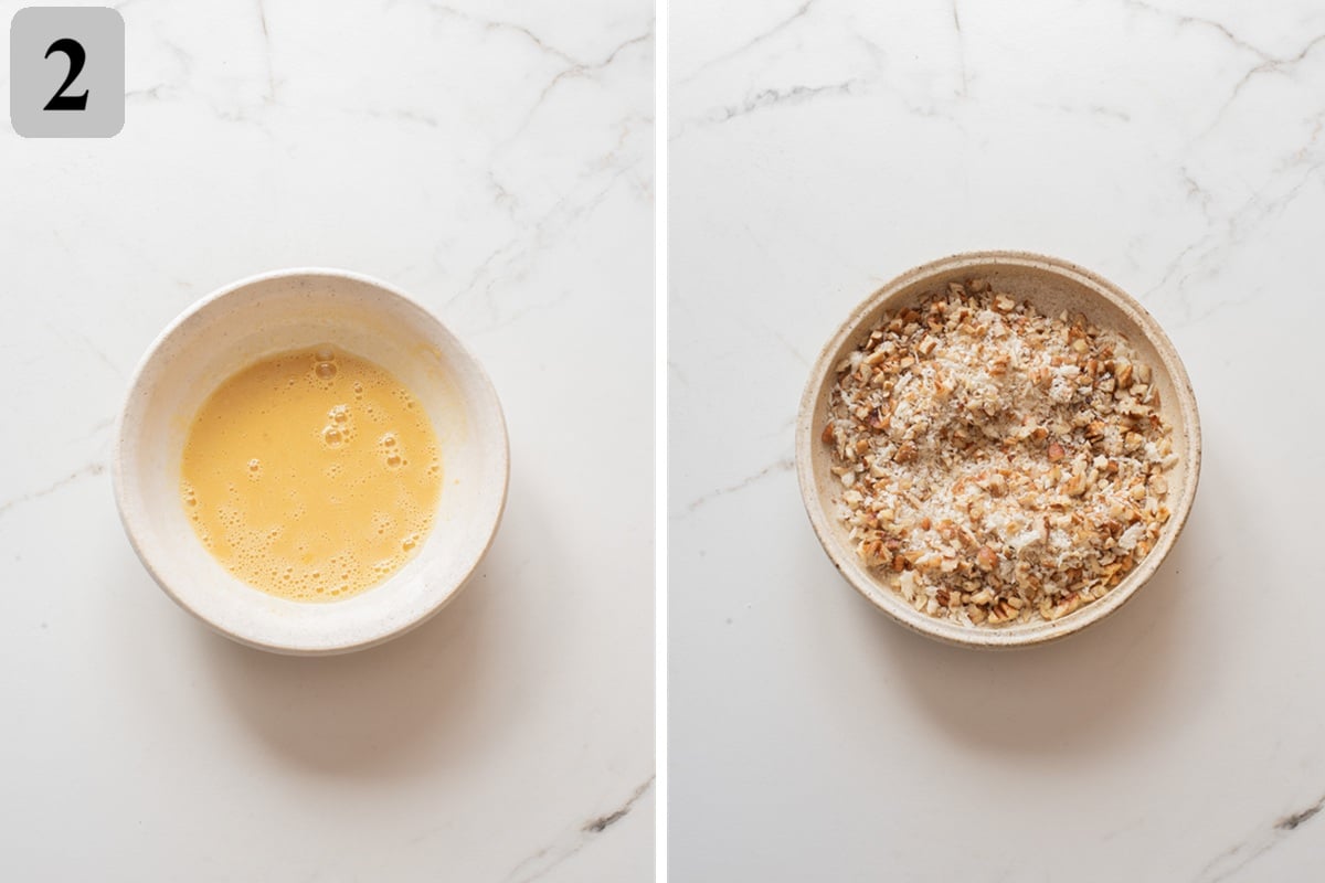In one bowl, whisk egg with Dijon mustard. In another bowl, mix chopped pecans and panko breadcrumbs.