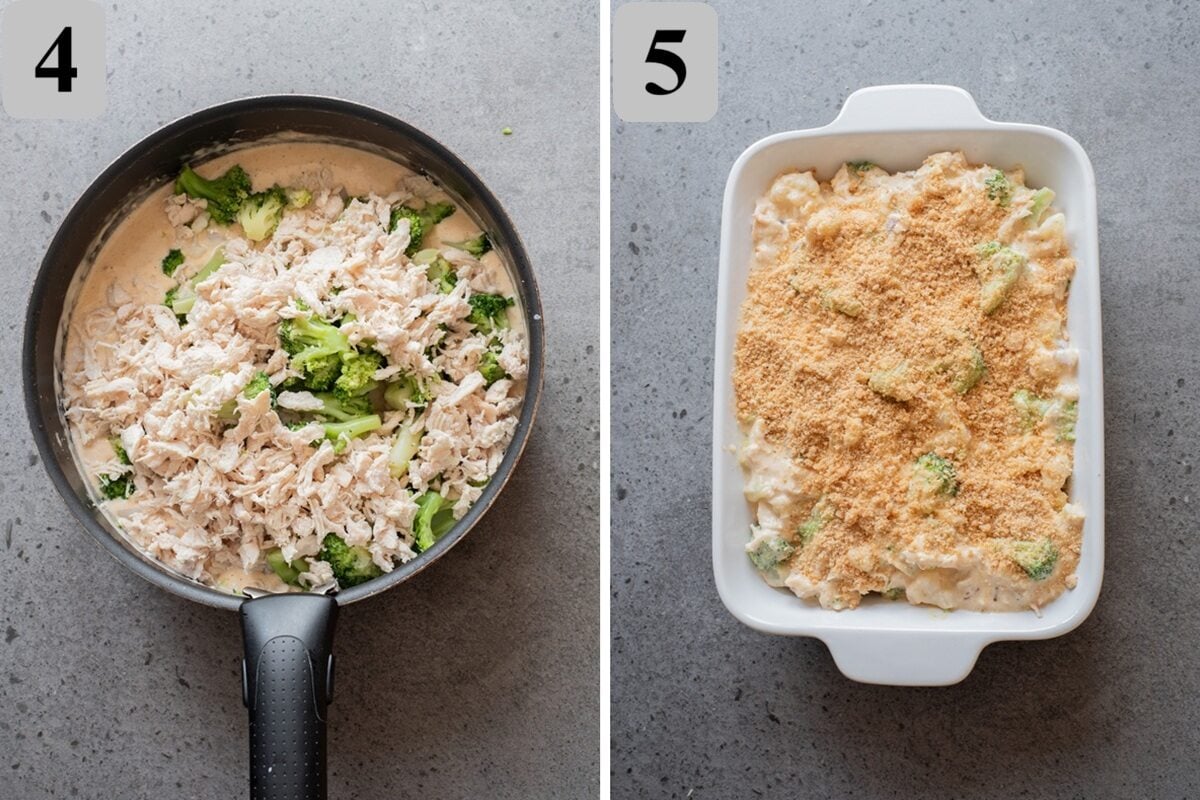 Combine the casserole, transfer the mixture to the baking dish. Mix the breadcrumbs with melted butter and sprinkle them over the top.