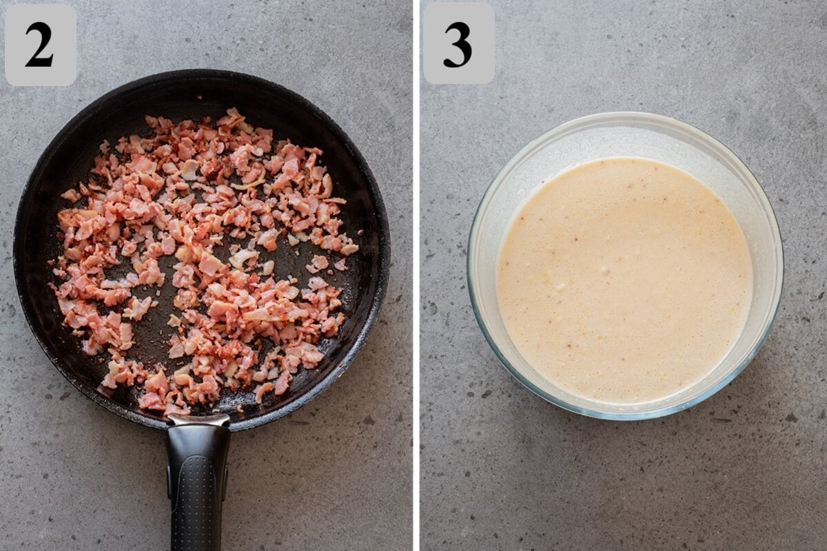 Cook sausage and bacon until done, then whisk pancake mix with milk, eggs, and seasonings and stir in melted butter.