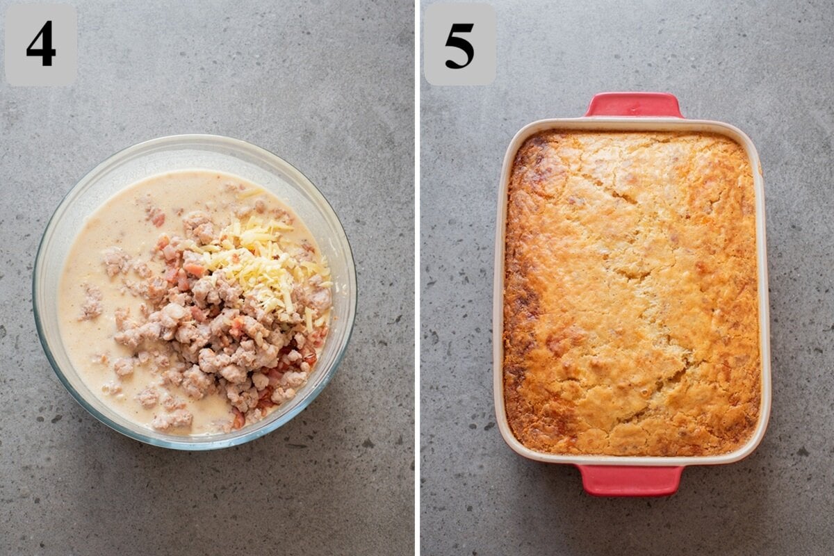 Fold in sausage, bacon, and cheese, spread in the dish, and bake 35โ40 minutes until puffed and golden.