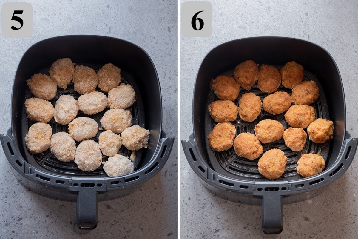 Lightly oil croquettes and air fry in a single layer for 10โ12 minutes, flipping halfway, until golden and crispy.