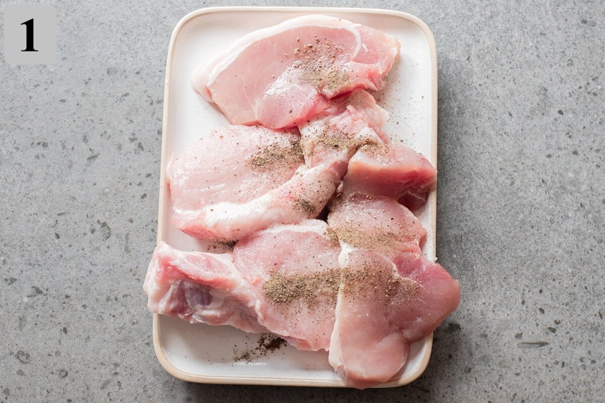 Pat pork chops dry, then season both sides with salt and black pepper.