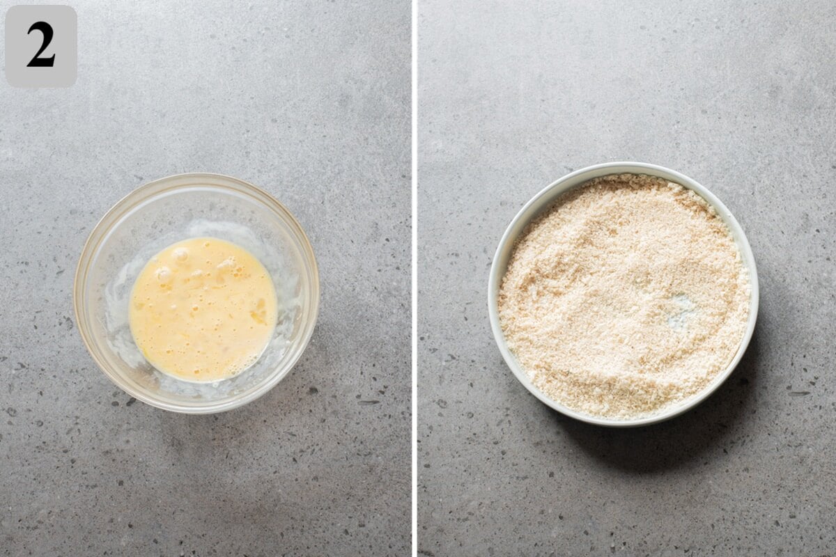 Whisk egg and milk in one bowl. In another, mix panko, Parmesan, Italian seasoning, and garlic powder.