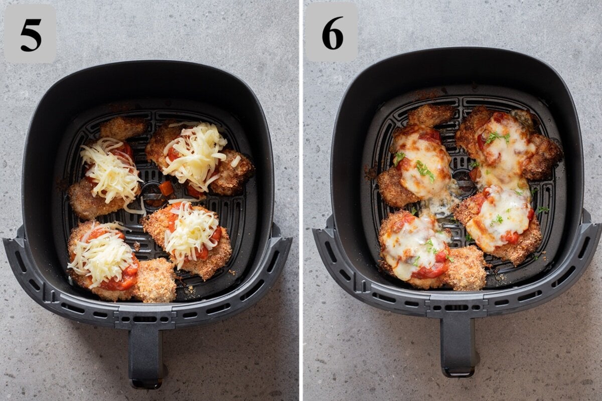 Spoon marinara over each pork chop, top with mozzarella, and air fry for 2–3 minutes until melted and bubbly.