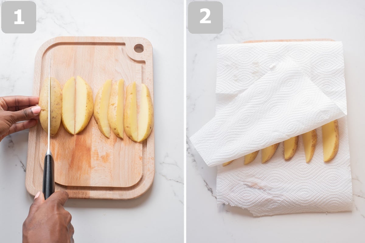 Cut potatoes into evenly sized wedges. Pat dry with paper towels to help them crisp.