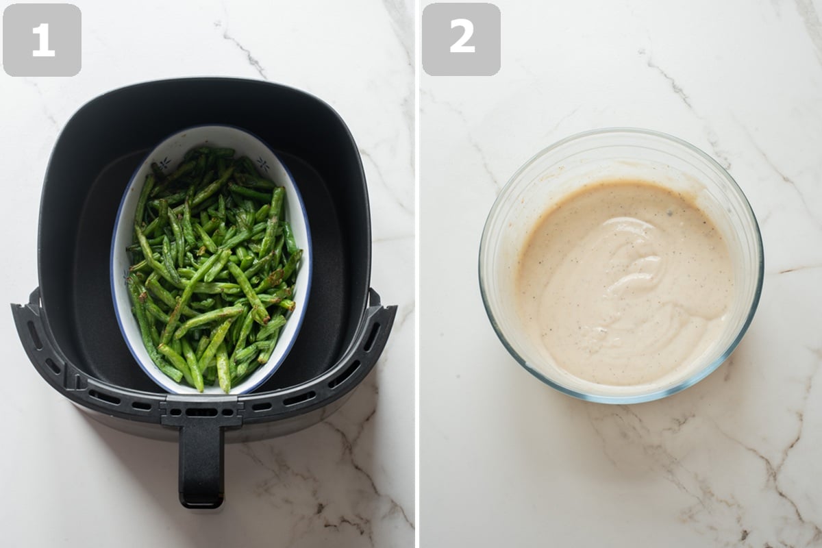 Air fry green beans, then mix soup, milk, and seasonings until smooth.