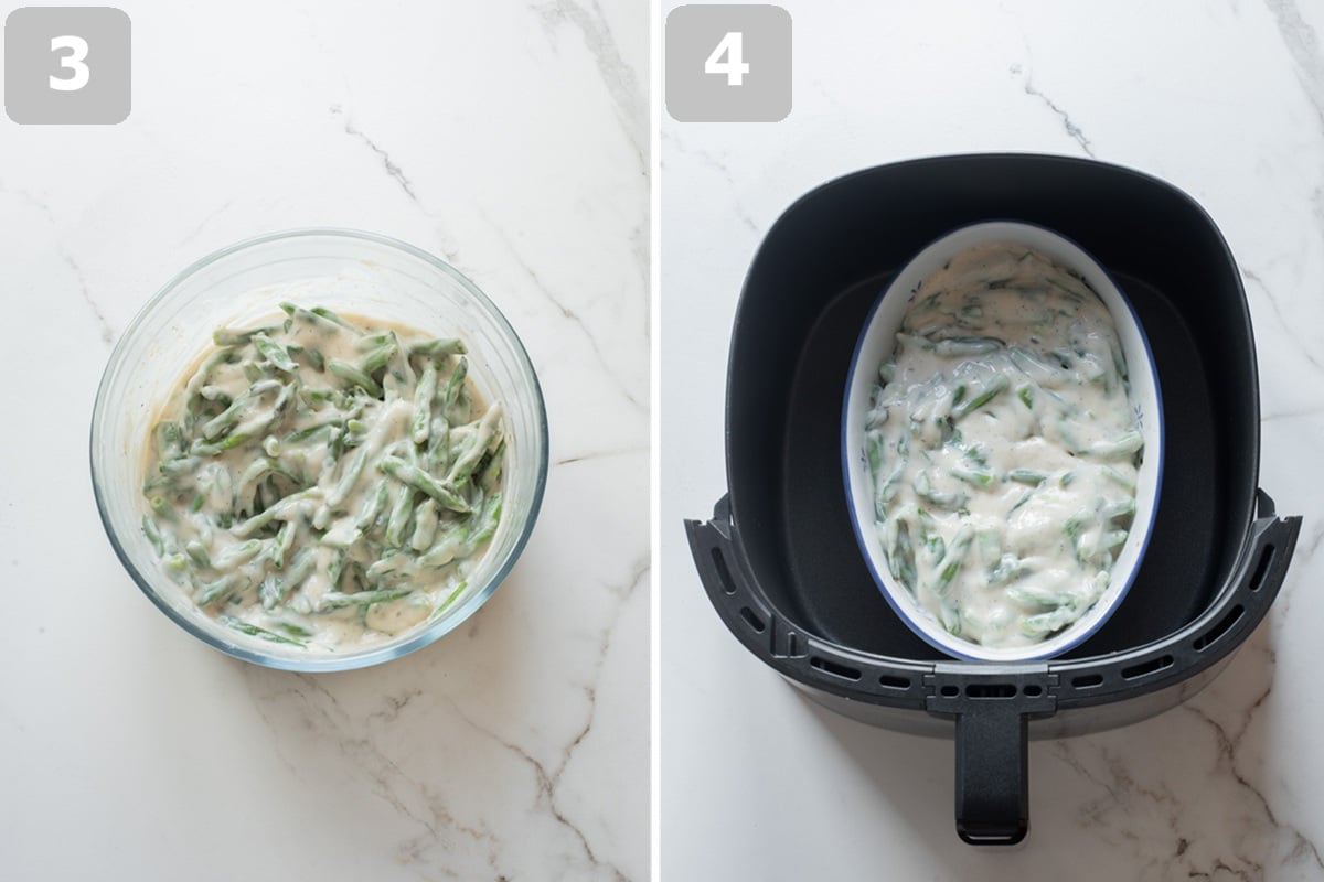 Mix green beans with sauce, transfer to a dish, and air fry until bubbling.