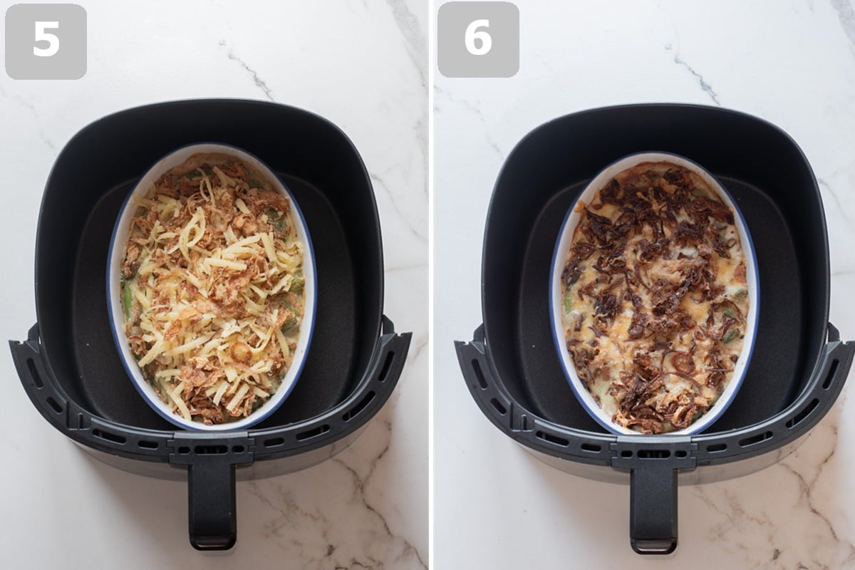Top with cheese and crispy onions, then air fry until golden and bubbly.