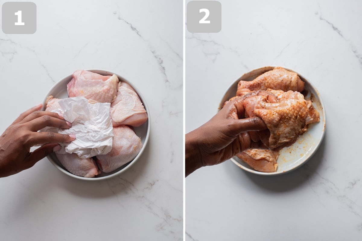 Pat chicken dry, then coat all over and under the skin with the seasoned oil mixture.