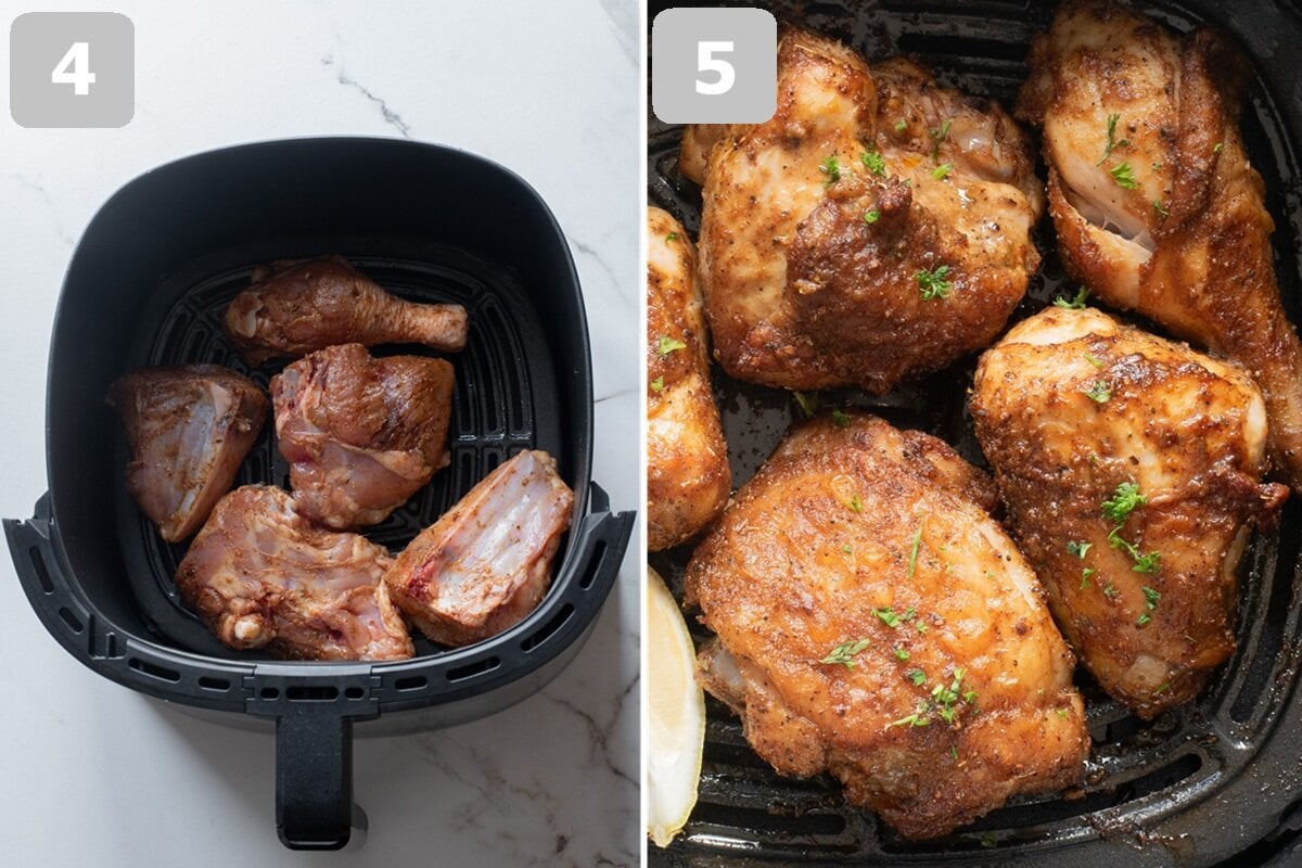 Air fry chicken skin-side down, flip halfway, and cook until golden and fully cooked; avoid parchment paper for crispier skin.
