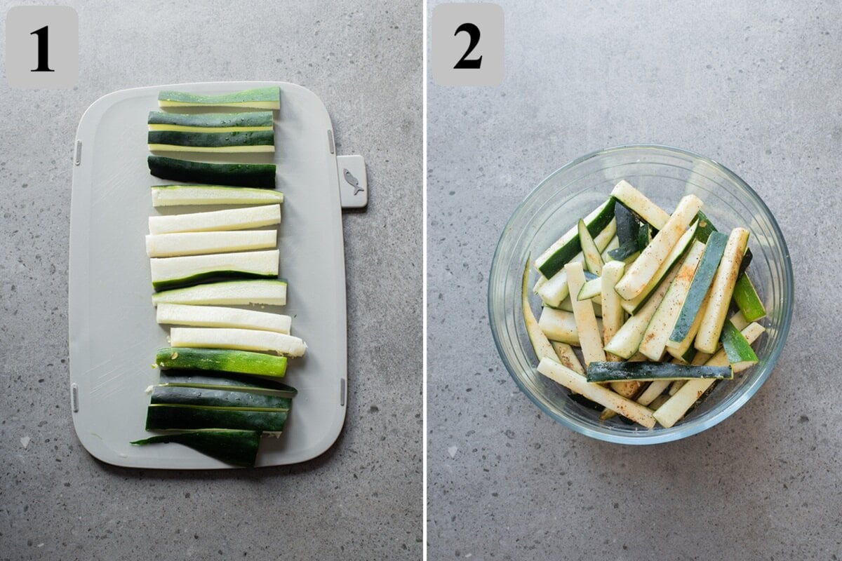 Cut zucchini into sticks, pat dry, then season and toss to coat.