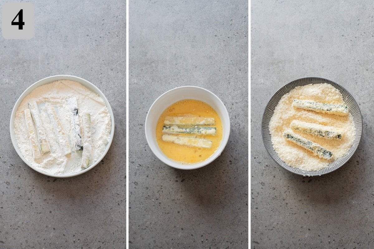 Coat zucchini in flour, egg, and panko, pressing to help it stick.