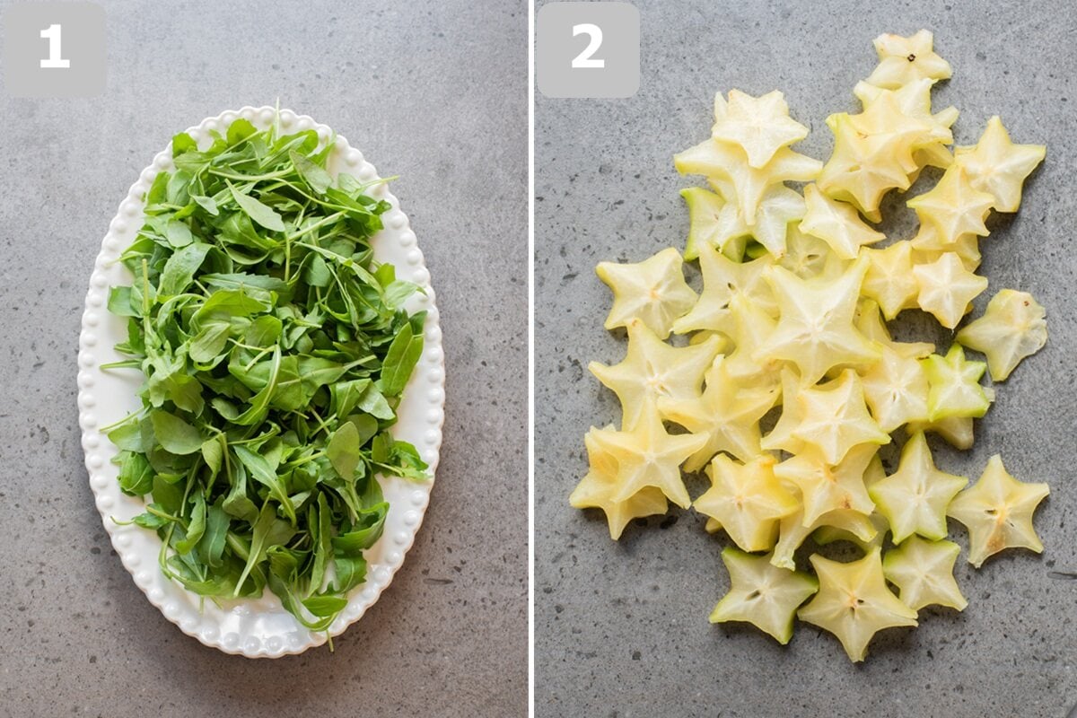 Wash and dry greens, tear if needed, and slice star fruit.