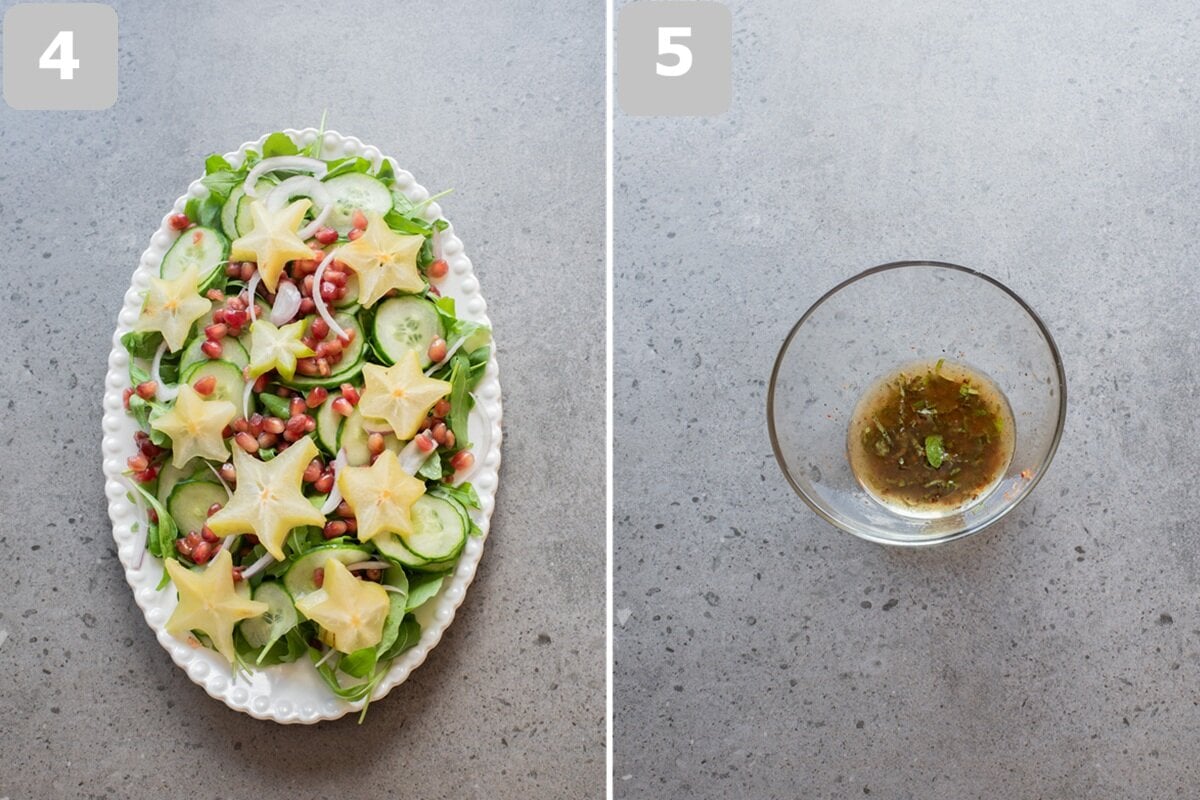Add star fruit, pomegranate, cucumber, onion, and greens, then mix olive oil, lime juice, salt, pepper, and chili flakes.