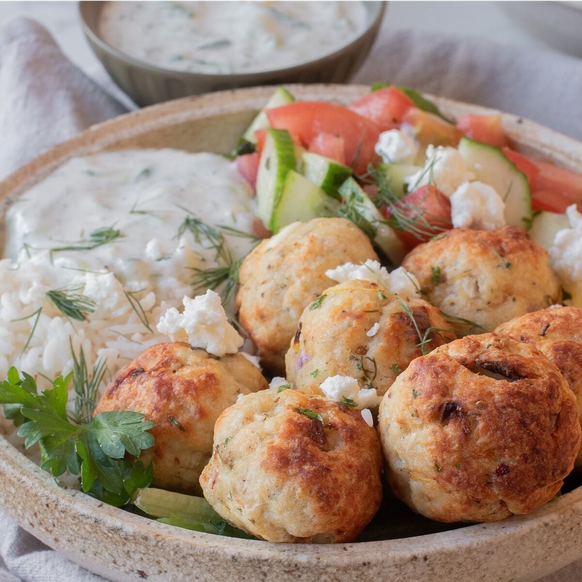 air fryer greek turkey meatballs with tzatziki