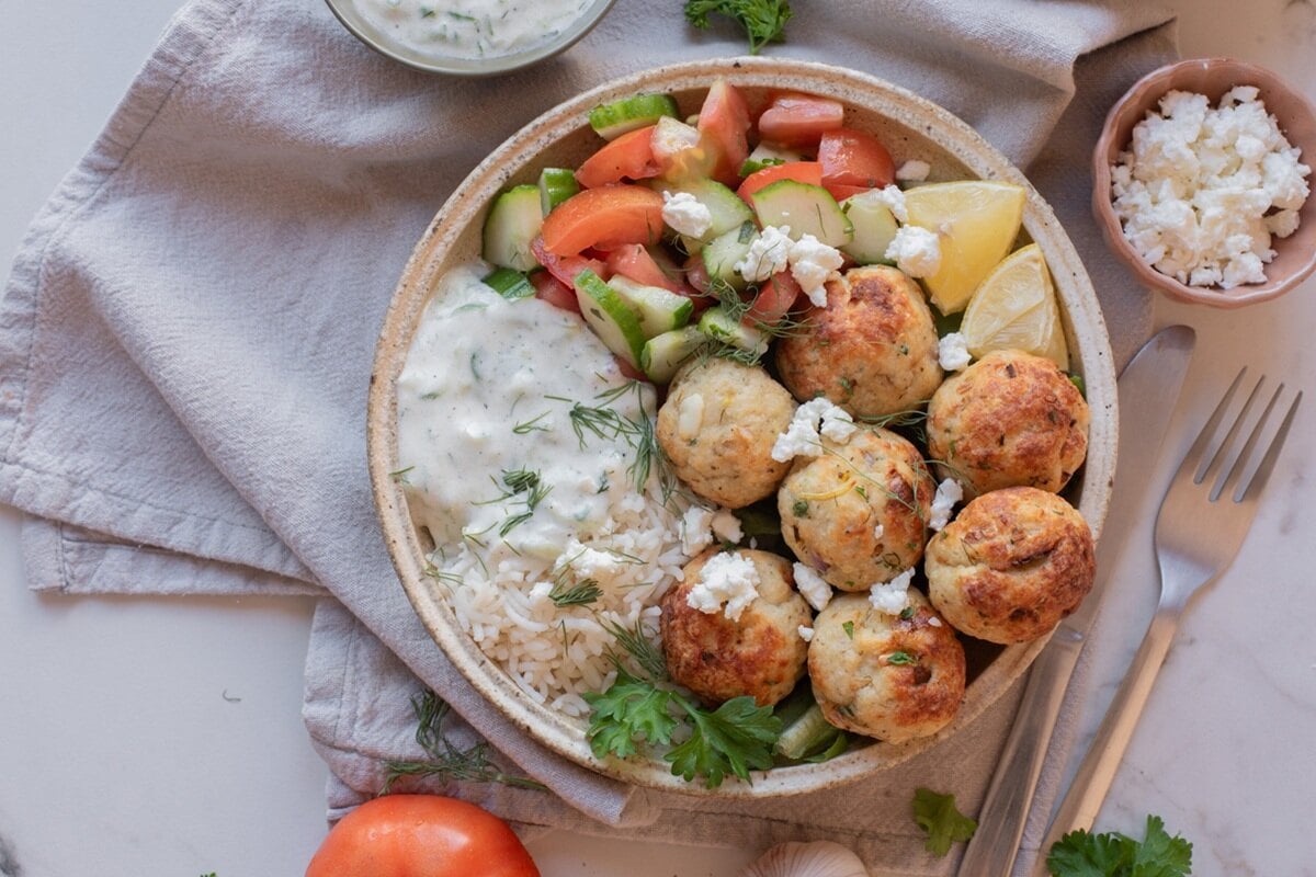 air fryer greek turkey meatballs with tzatziki