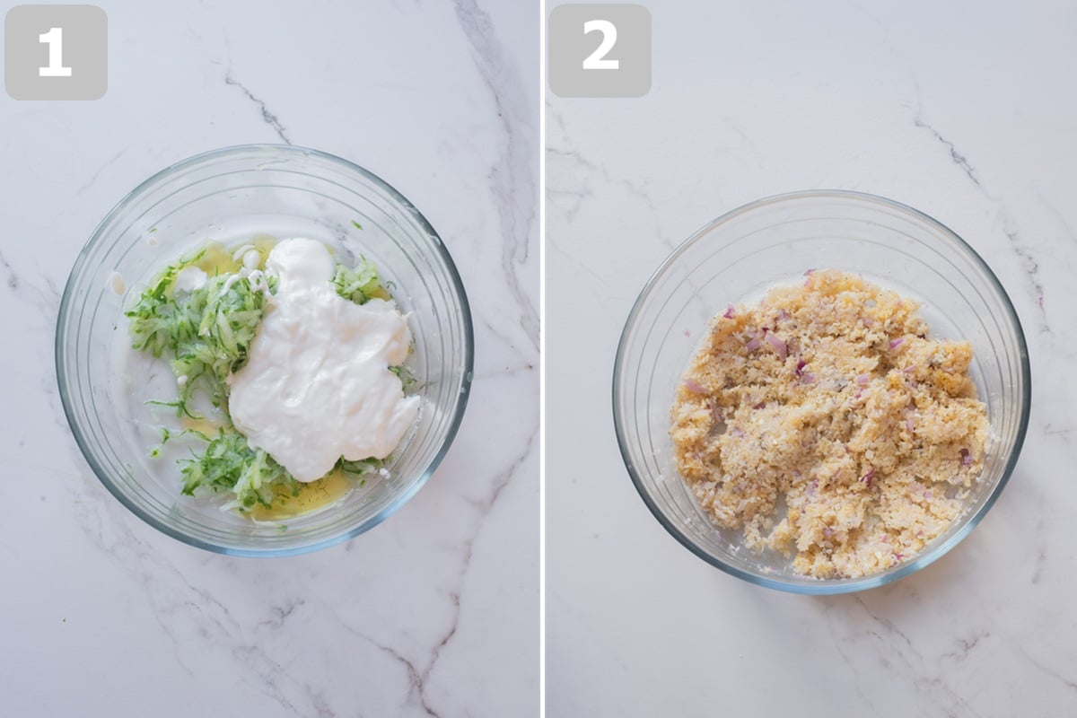 Mix the tzatziki ingredients and chill, then combine the meatball ingredients and let the mixture rest briefly.