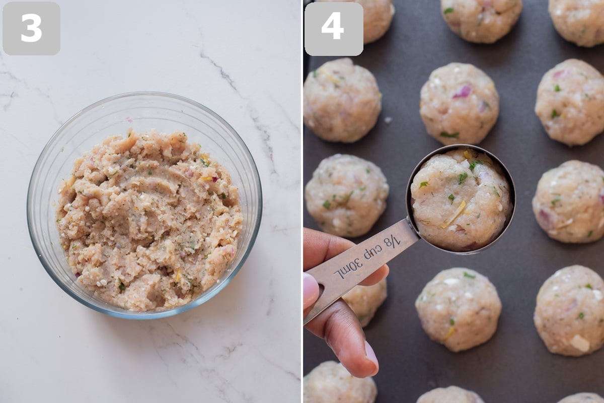 Add the turkey, herbs, lemon zest, and feta, mix gently, then shape into meatballs.