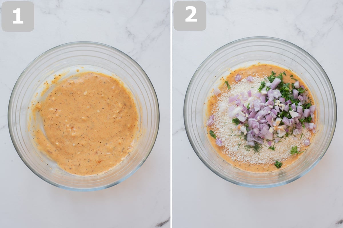 Whisk the wet ingredients, then add the onion, herbs, and panko and let the mixture rest briefly.