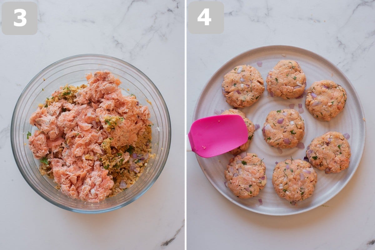 Gently fold in the salmon, divide into portions, and shape into patties.
