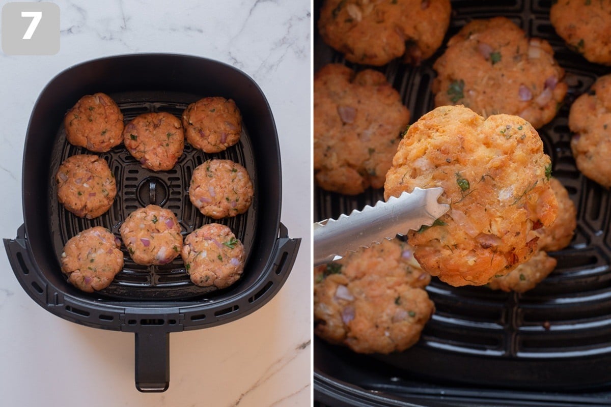 Arrange the patties in a single layer and air fry until golden and crispy, flipping halfway through.