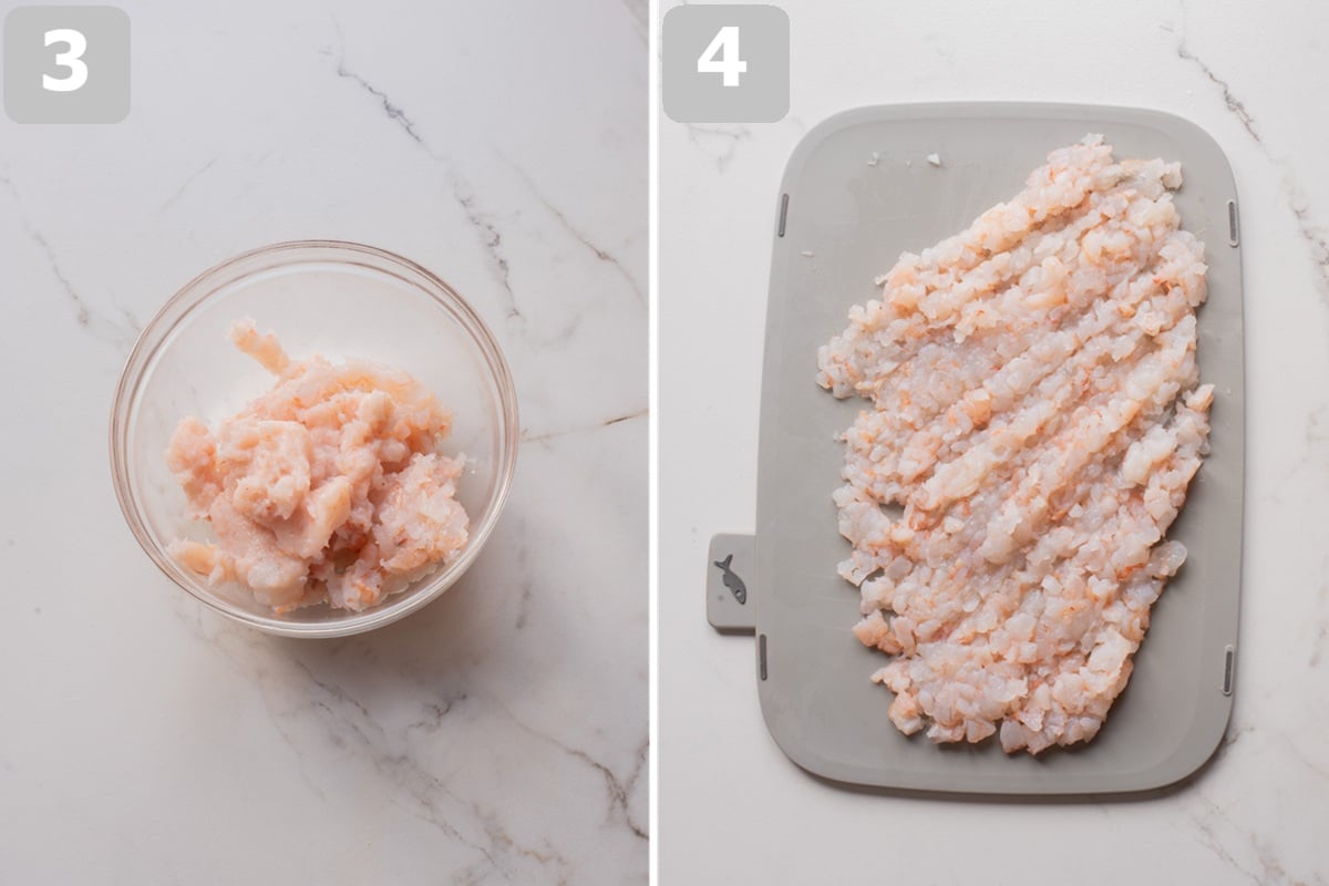 Blend one portion of shrimp into a smooth paste and finely chop the rest.