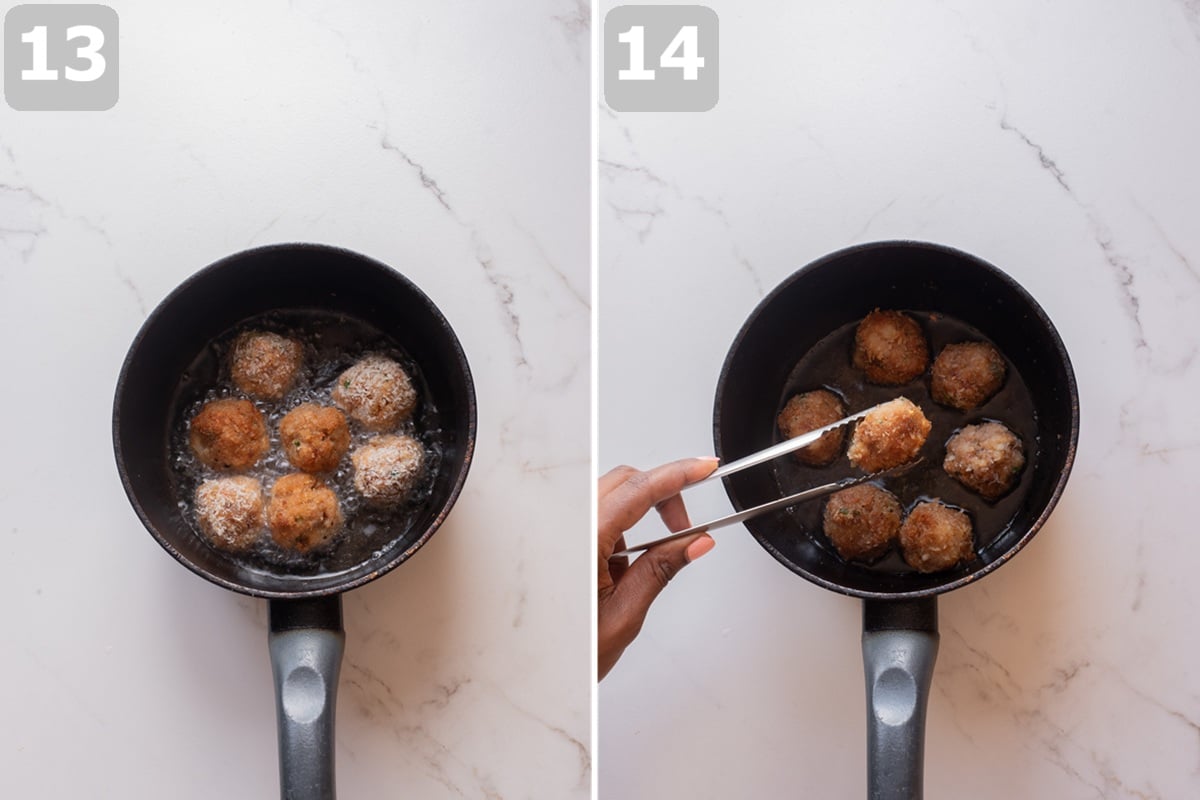 Fry the shrimp balls in batches until golden brown, then drain on paper towels.