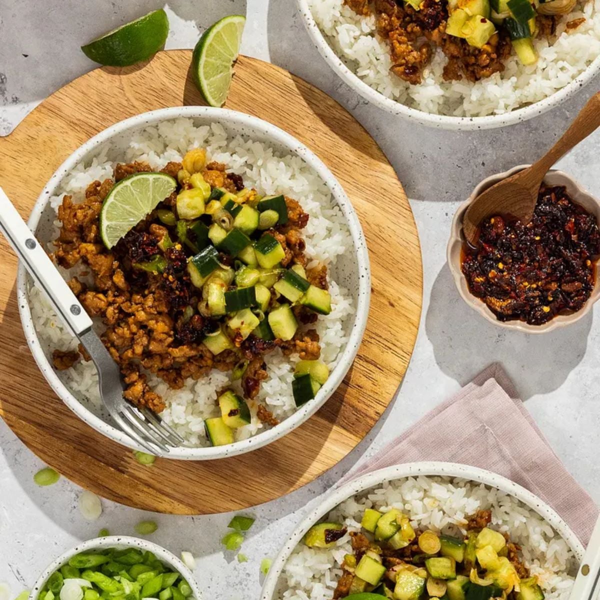 Chili Crunch Ground Chicken Bowls