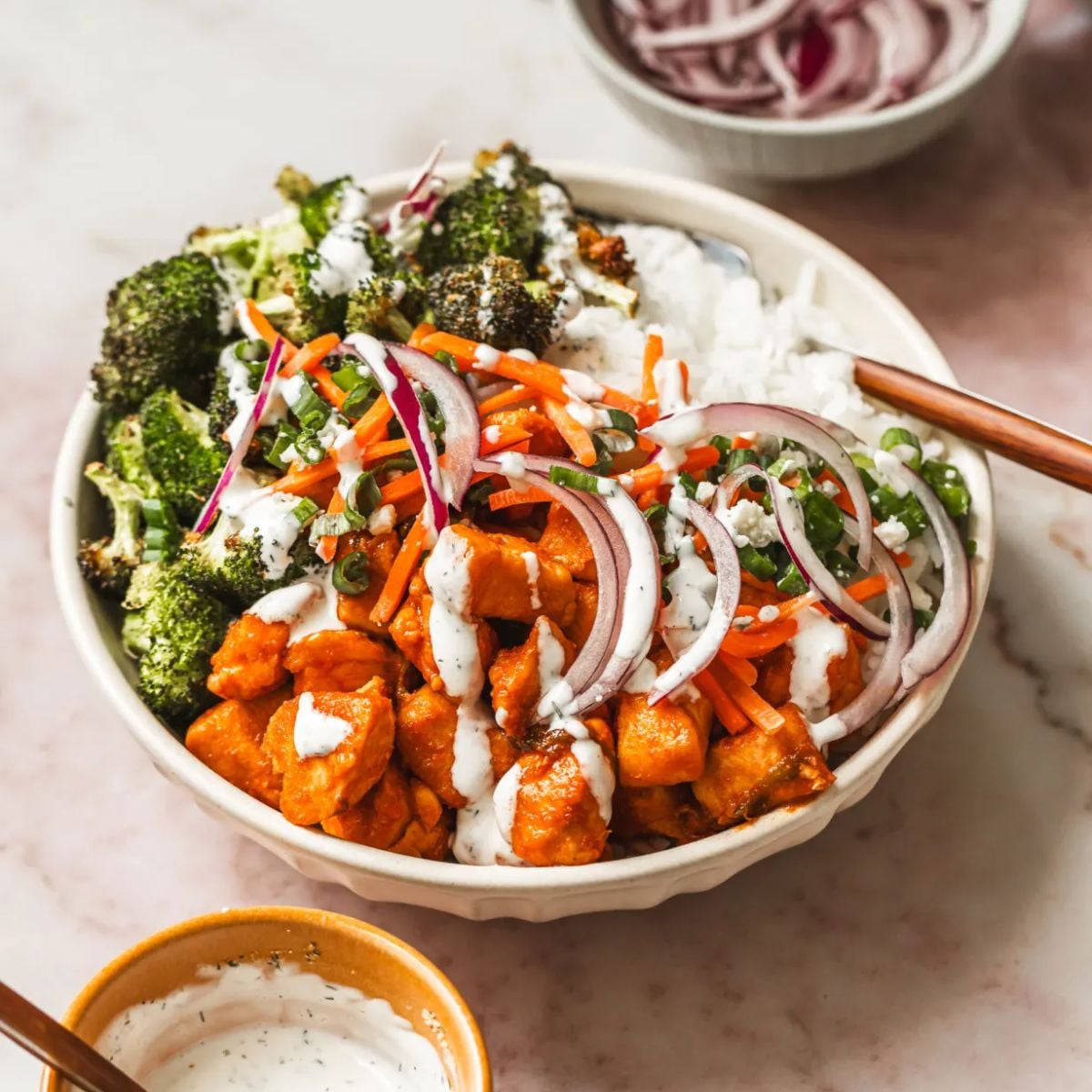 Buffalo Chicken Rice Bowls with Roasted Broccoli