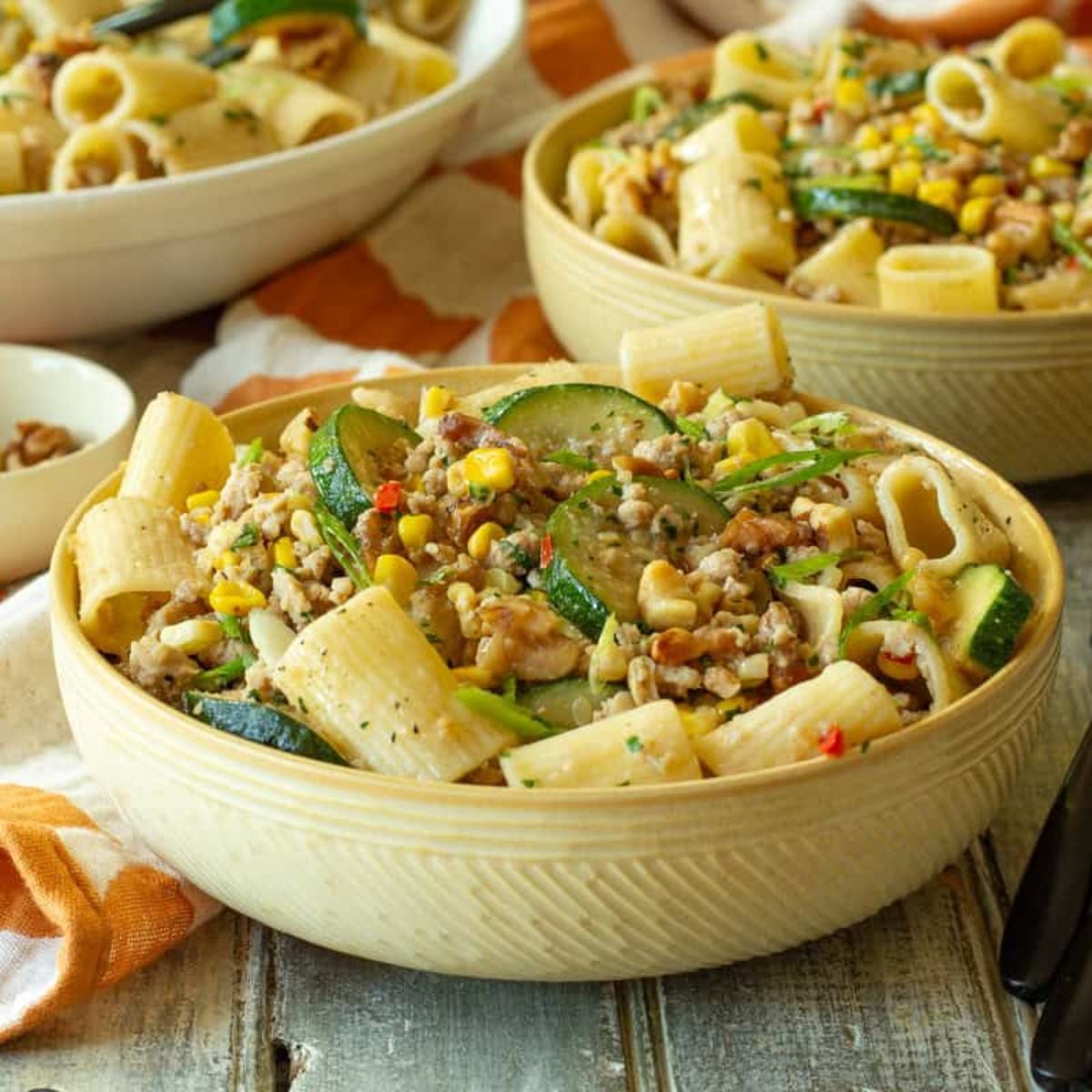 Pasta with Ground Chicken and Summer Vegetables