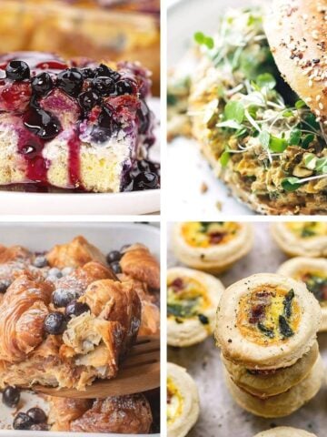 A 4-grid collage of popular recipes showcasing easy brunch potluck ideas like a blueberry French toast bake, bagel sandwich, croissant bake, and mini quiches.