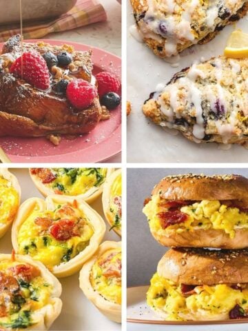 A collection of crowd-pleasing workplace brunch potluck recipes showcasing baked goods, mini quiches, and bagel breakfast sandwiches.