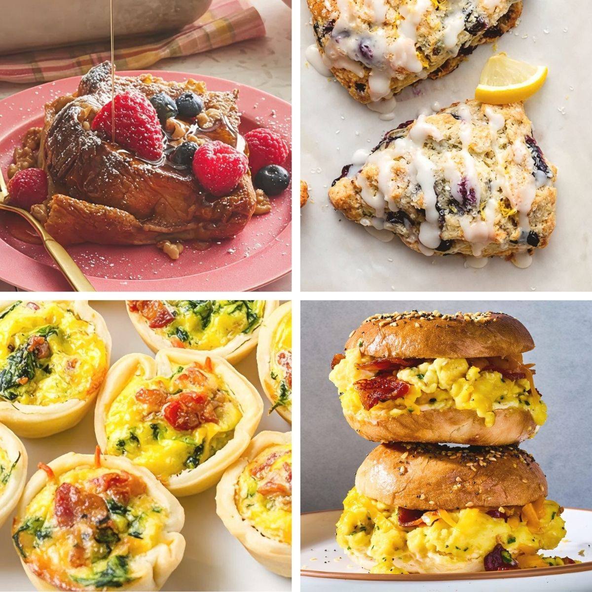 A collection of crowd-pleasing workplace brunch potluck recipes showcasing baked goods, mini quiches, and bagel breakfast sandwiches.