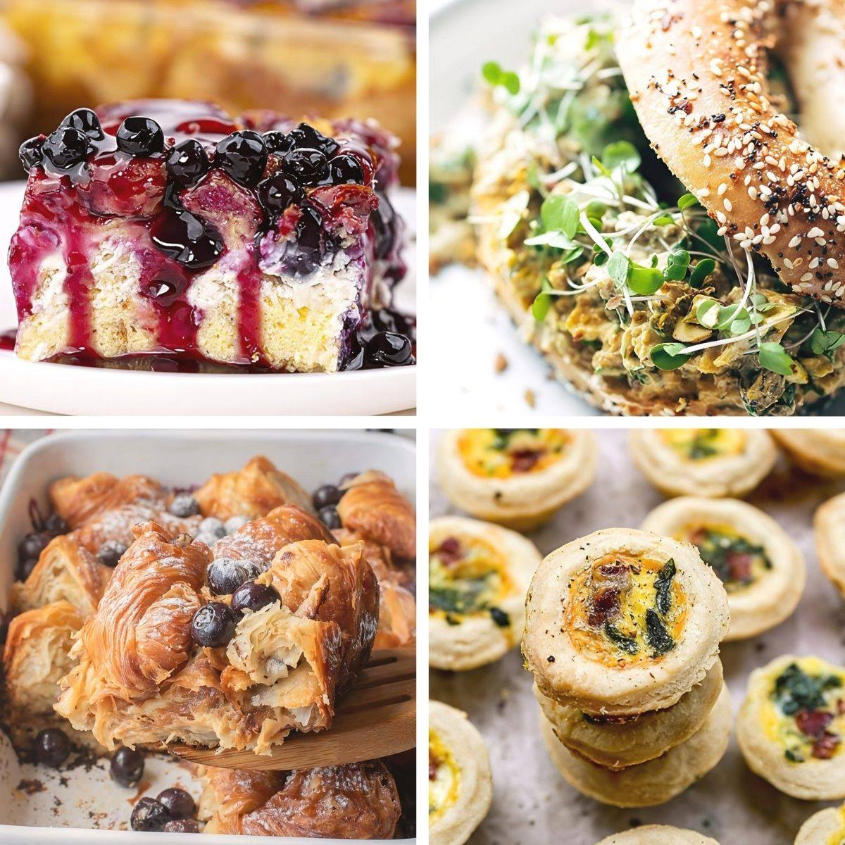 A 4-grid collage of popular recipes showcasing easy brunch potluck ideas like a blueberry French toast bake, bagel sandwich, croissant bake, and mini quiches.