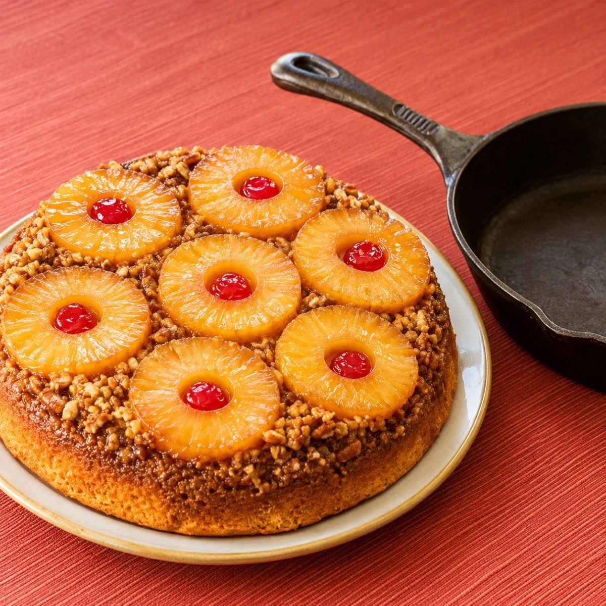 Pineapple Upside-Down Cake in a white dessert dish next to a cast iron pan