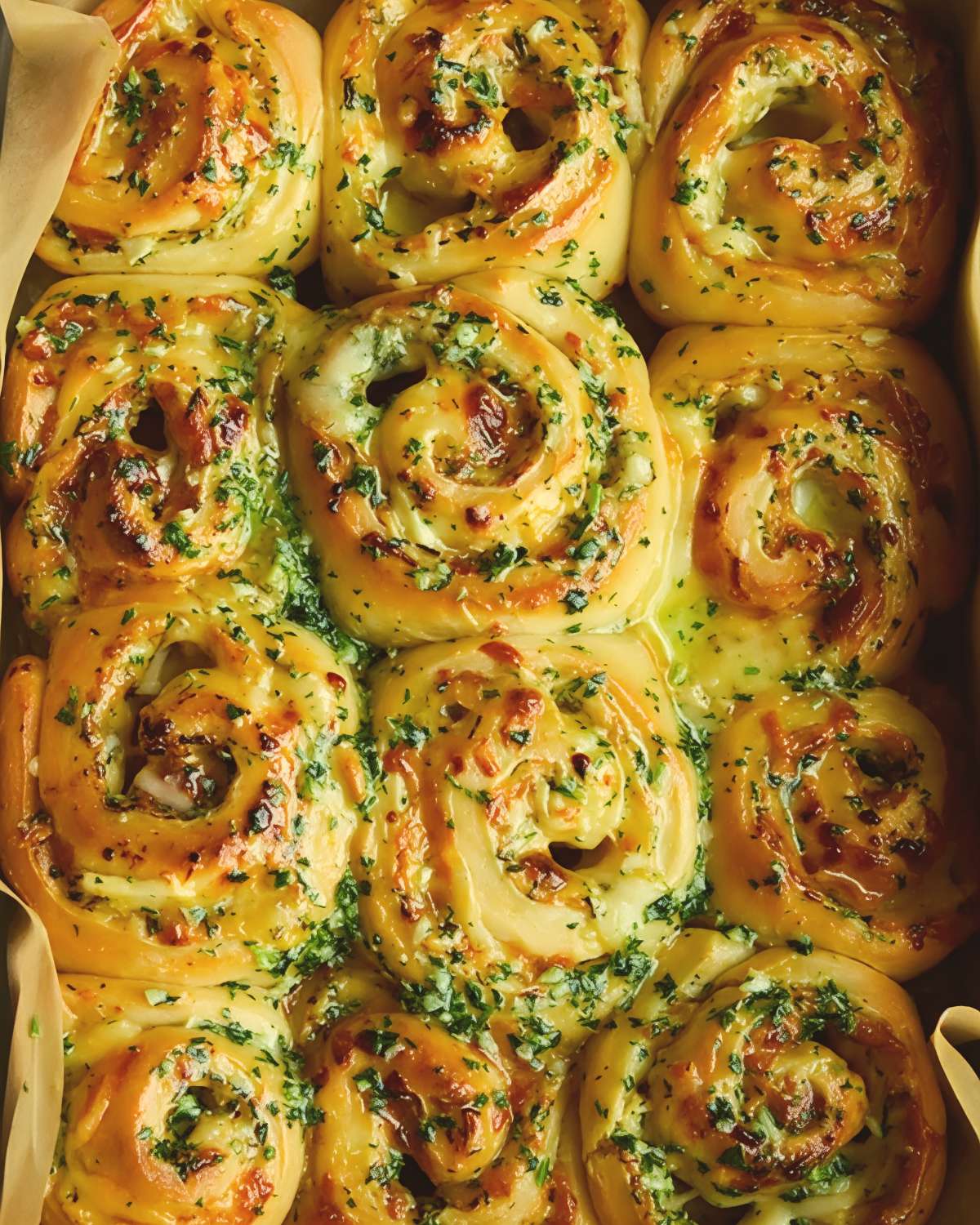 A top-down view of freshly baked savory herb and cheese rolls arranged closely together in a baking dish lined with parchment paper.
