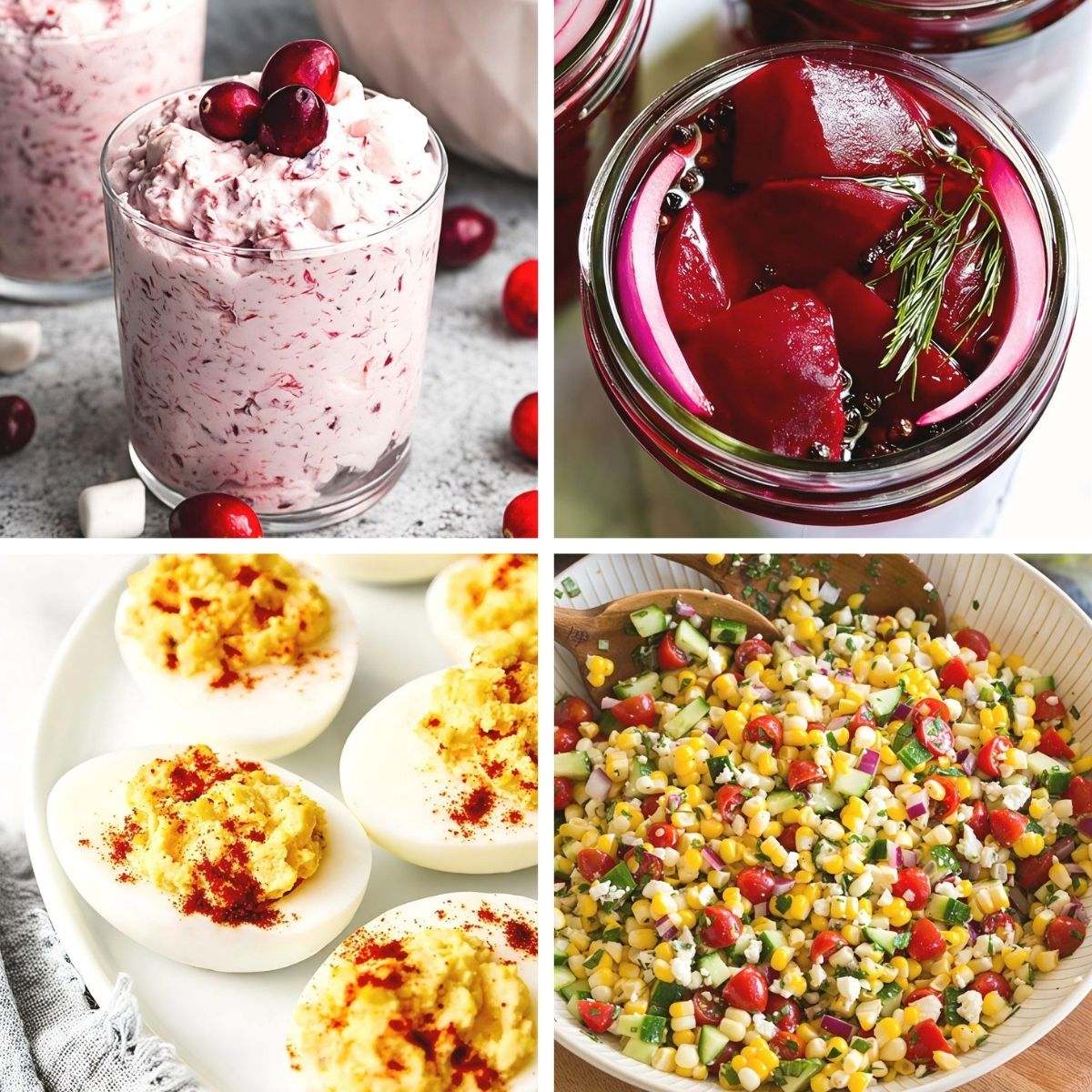 A collection of cold Thanksgiving side dishes featuring cranberry fluff salad, pickled beets, deviled eggs, and corn salad