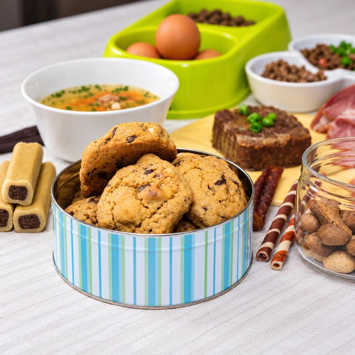 blue, green, and white striped cookie Tin on a table with various snacks around it