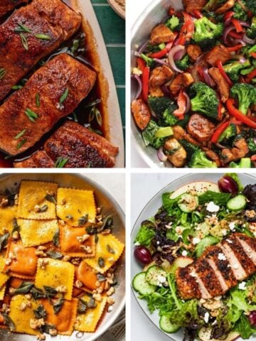 Collage of four seasonal dinner dishes.