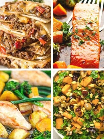 A 4-grid collage of easy fall dinner recipes featuring sheet pan quesadillas, maple-glazed salmon, chicken tray bake, and butternut squash kale salad.