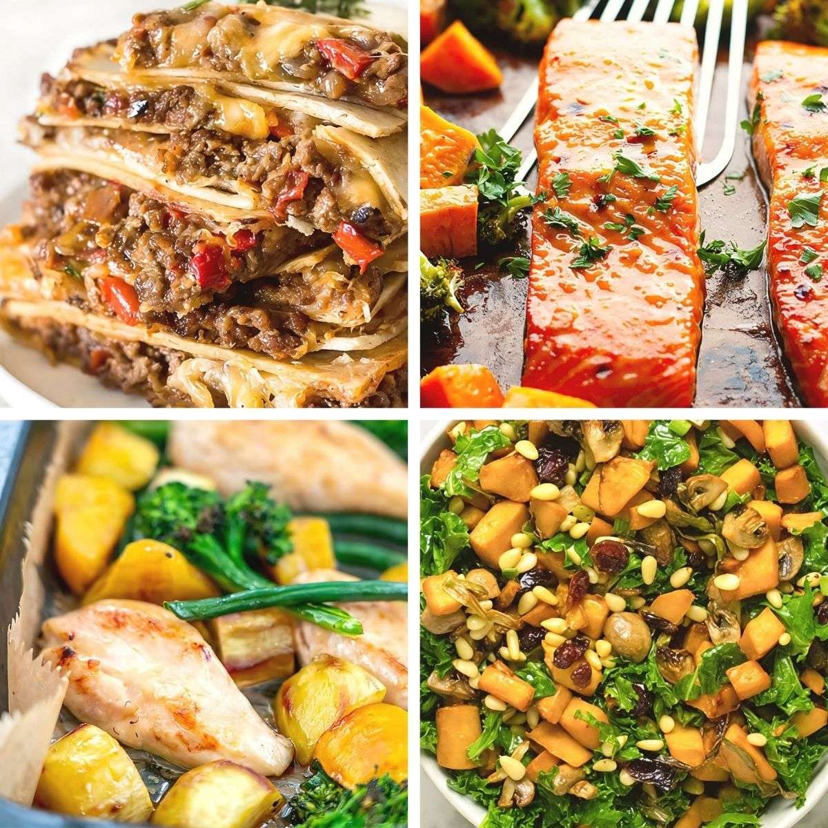 A 4-grid collage of easy fall dinner recipes featuring sheet pan quesadillas, maple-glazed salmon, chicken tray bake, and butternut squash kale salad.