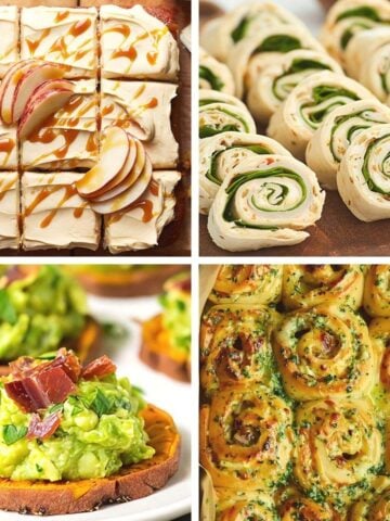 A four-grid collage showcasing easy fall potluck ideas for work, featuring an apple cake with caramel drizzle, sliced turkey pinwheels, sweet potato avocado bites with bacon, and savory baked herb rolls.