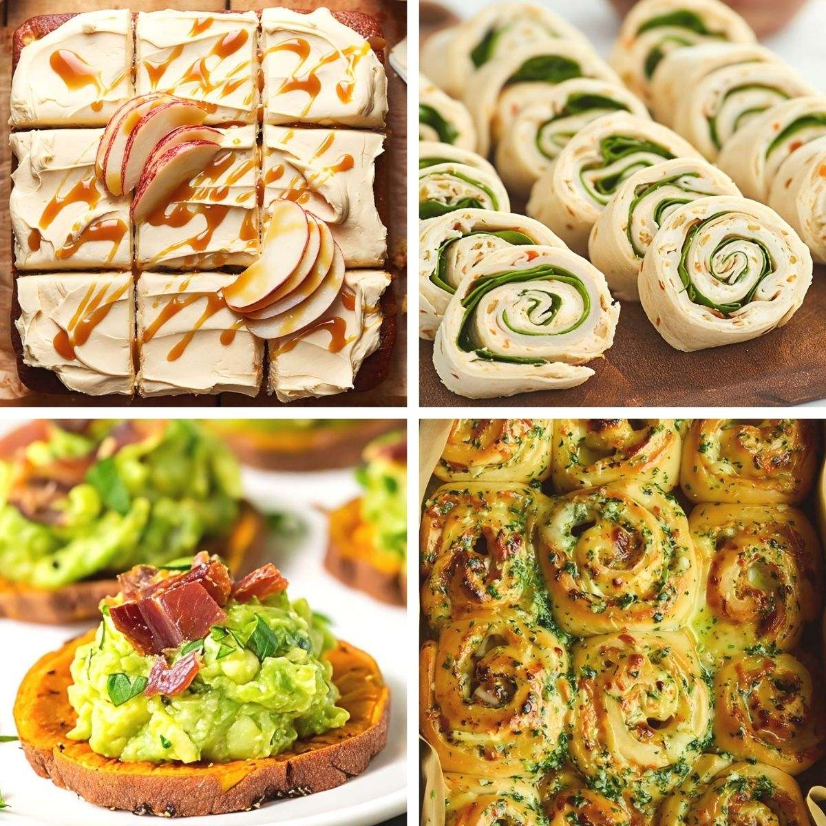 A four-grid collage showcasing easy fall potluck ideas for work, featuring an apple cake with caramel drizzle, sliced turkey pinwheels, sweet potato avocado bites with bacon, and savory baked herb rolls.