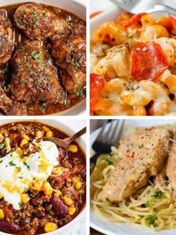 A collage of four easy Instant Pot dinner recipes: honey balsamic chicken, pizza pasta, beef chili, and chicken Lazone over spaghetti